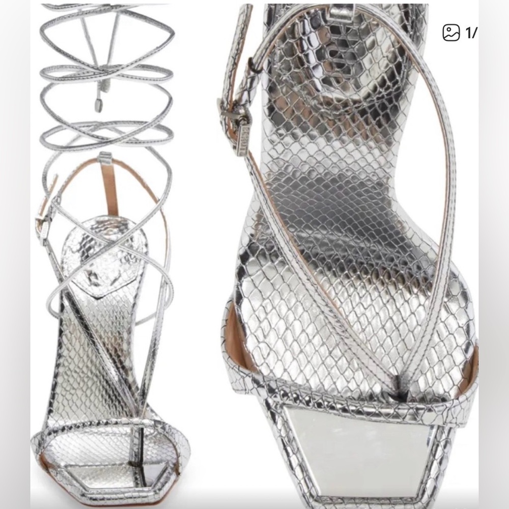 Schutz Lace-Up Stiletto Sandals SILVER w/Toe Plate Accent!  Sz 7.5